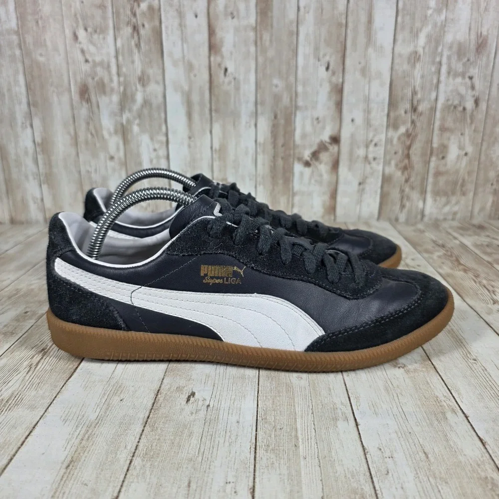 Puma‎ Liga Sneakers Leather Suede Gum Sole Casual Shoes Black White US 9.5